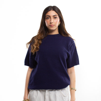 Crochet Knit Navy Blue T-shirt