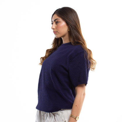 Crochet Knit Navy Blue T-shirt